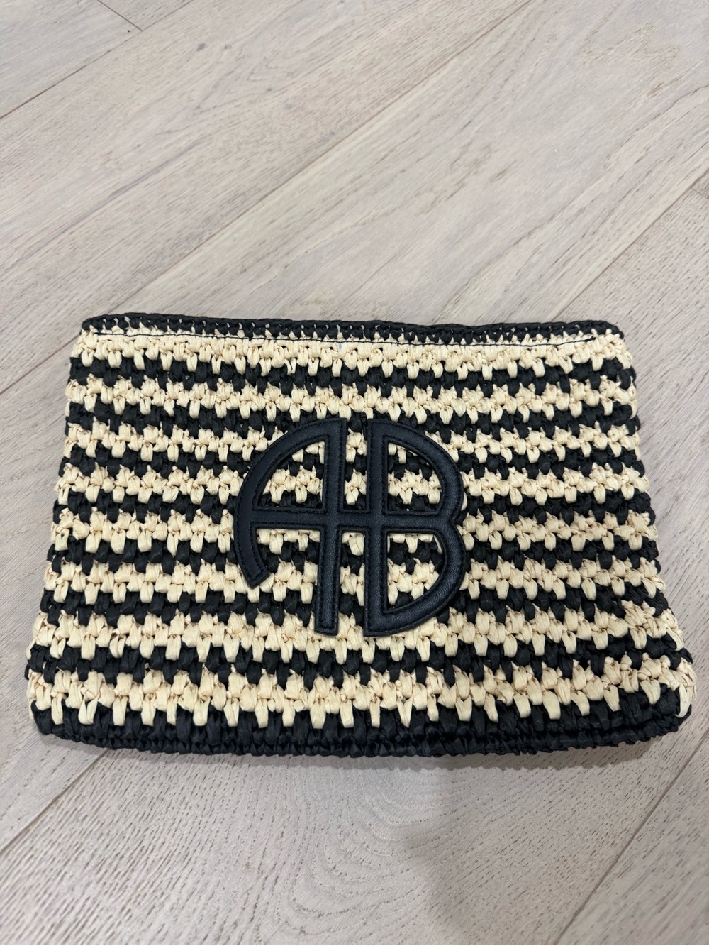 ANINE BING Black & Cream Raffia Clutch with Signature Logo